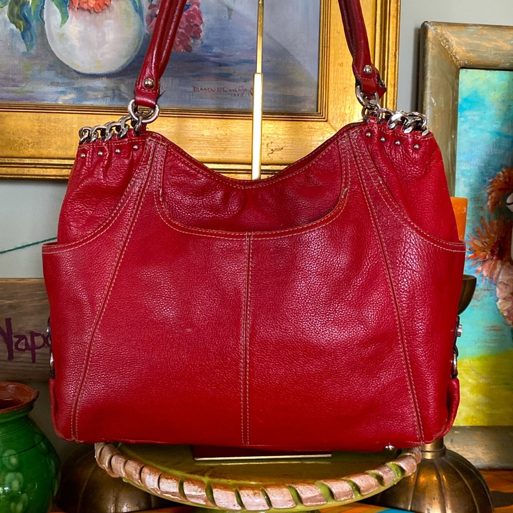 Tignanello Large Italian Pebbled Red Leather Shoulder Handbag